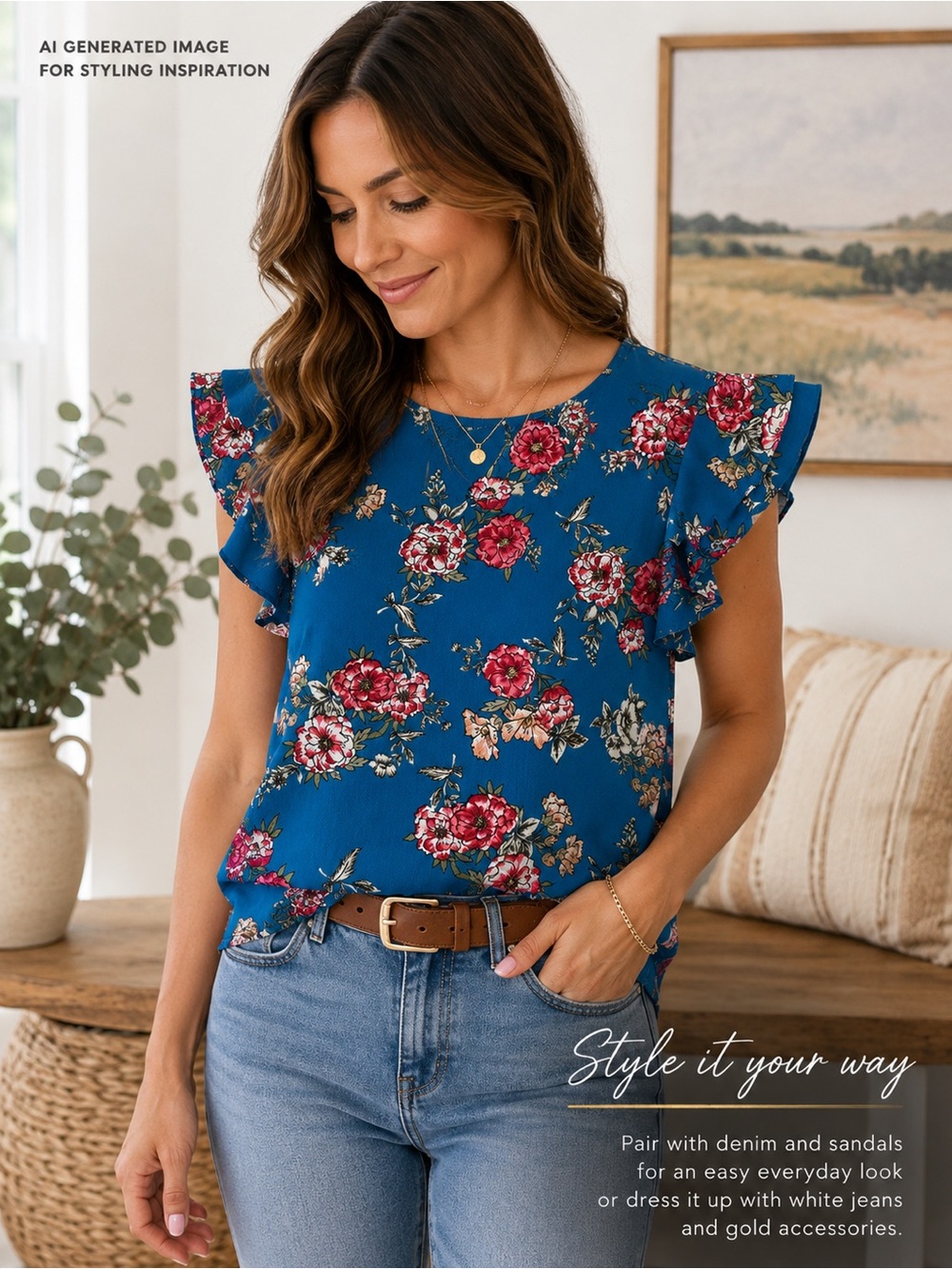 Twine & String Teal Blue Floral Flutter Sleeve Blouse Size Small